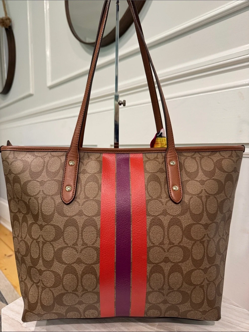 Coach Bag Signature Varsity City Zip Brown Tote with Logo Signature Stripe